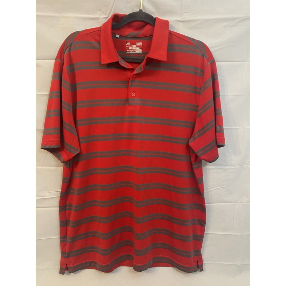 Under Armour Golf Polo Shirt Scarlett Red/Grey Striped Mens L Short Sleeve (138)